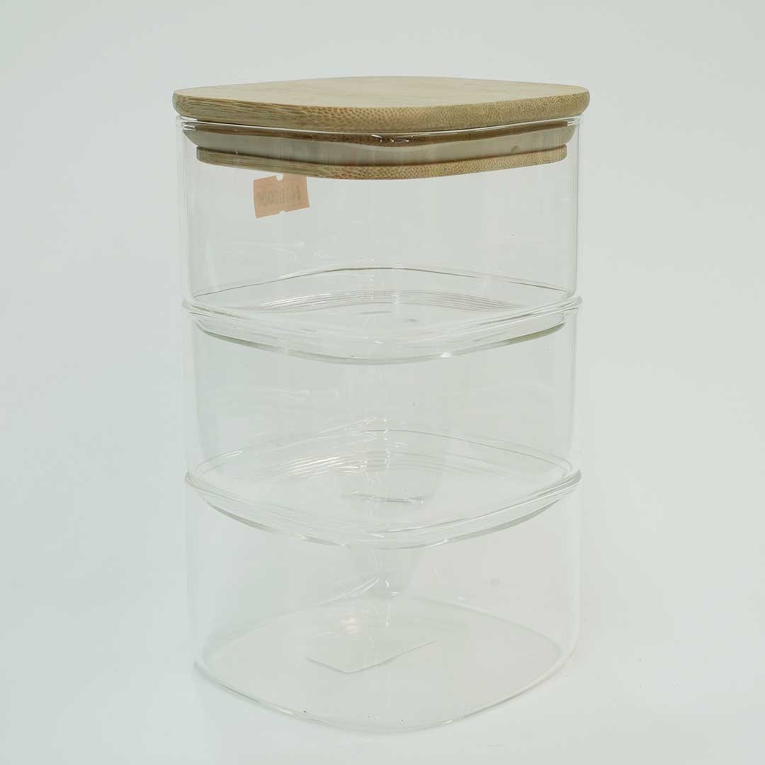 ظرف 3 طبقه پیرکس مربع درب بامبو 400ml
